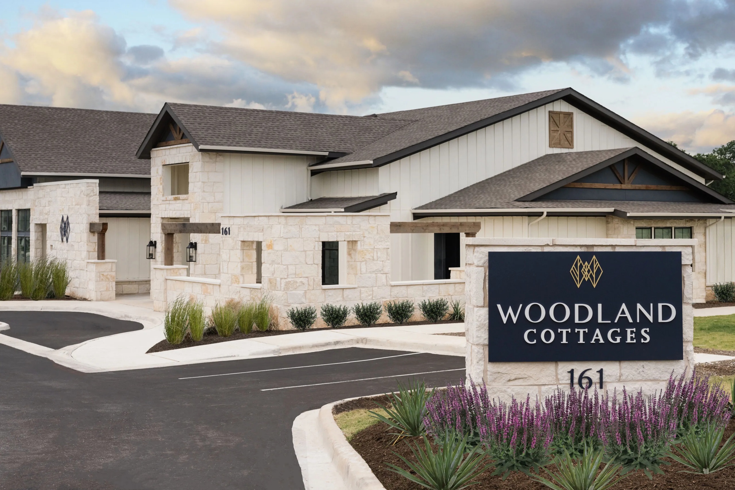 Front view of Woodland Cottages 55+ community homes in Texas